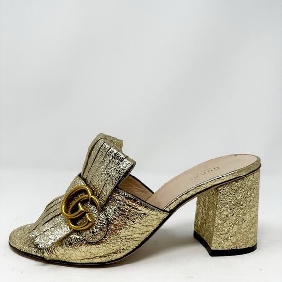 Gucci Marmont GG Mules Gold Leather Sandals - Picture 8 of 11